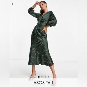 ASOS design TALL satin tie front midi dress with button detail in dot print